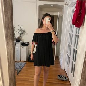 ASOS Black off the shoulder t shirt dress with colorful tassles
